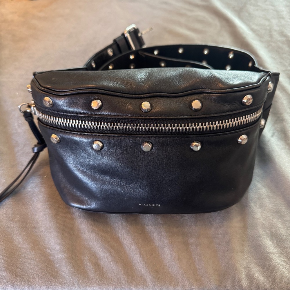 AllSaints Sid Leather Convertible Belt Bag OS Black Studded Bumbag Edgy Grunge